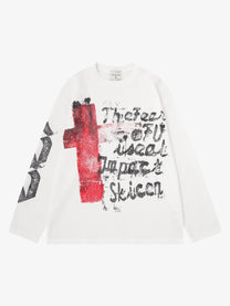 SAVAGE BASE | Red Block Letter Waffle Sweatshirt in White - front view