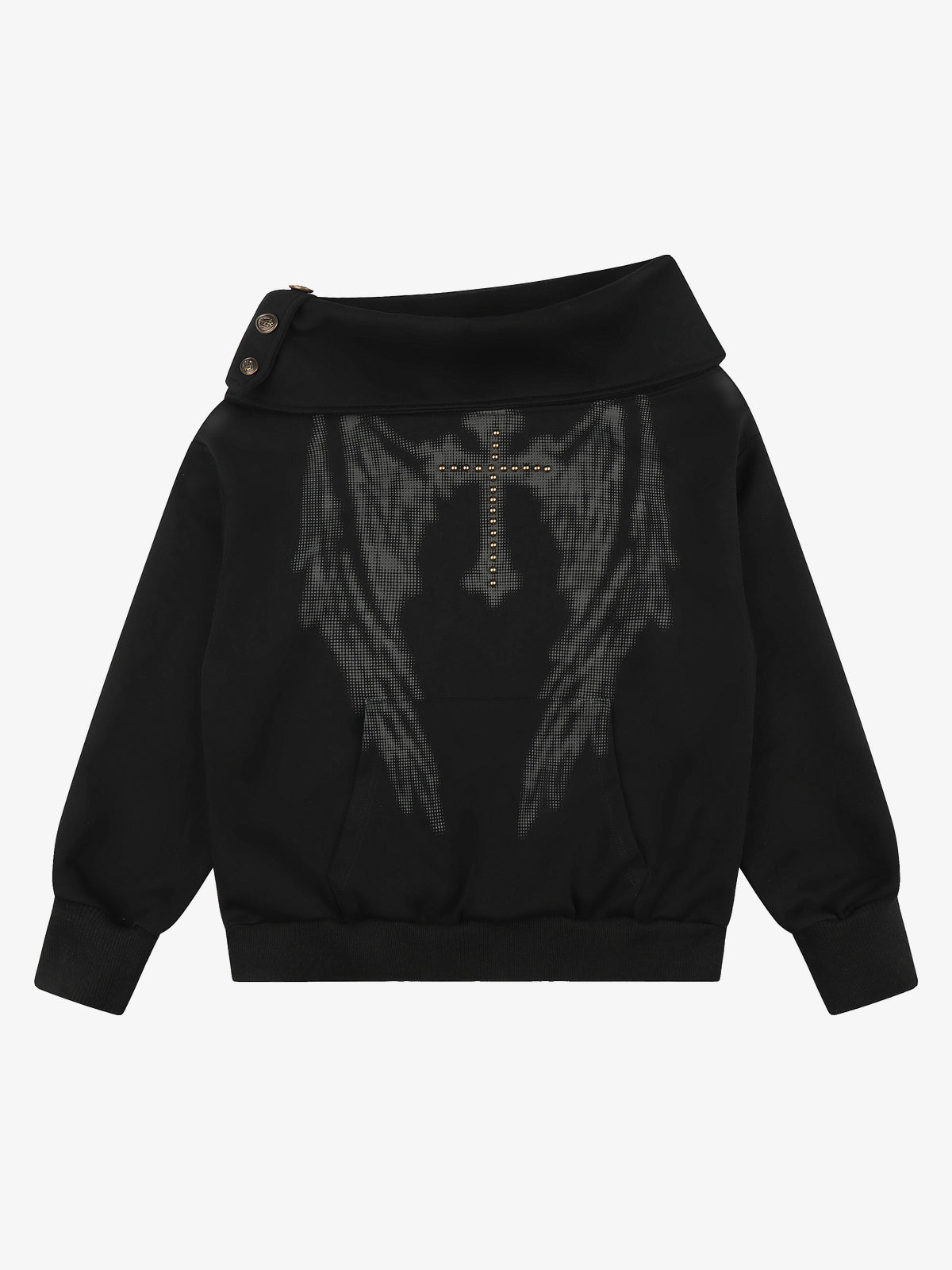 SEVEERS | Wing Print Off Shoulder Sweatshirt in Black - front view