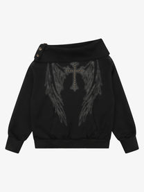 SEVEERS | Wing Print Off Shoulder Sweatshirt in Black - front view