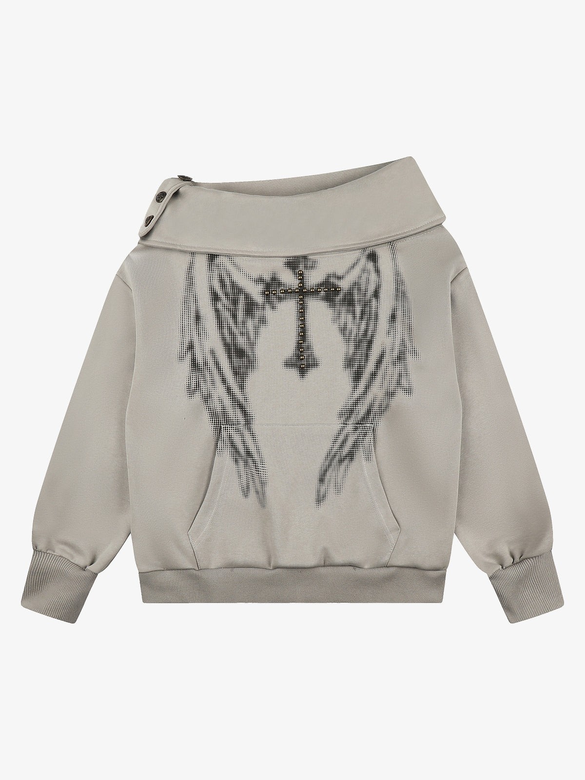 SEVEERS | Wing Print Off Shoulder Sweatshirt in Gray - front view