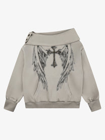SEVEERS | Wing Print Off Shoulder Sweatshirt in Gray - front view