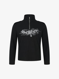 TAELE PLUS | Abstract Logo Half Zip Sweatshirt in Black - front view
