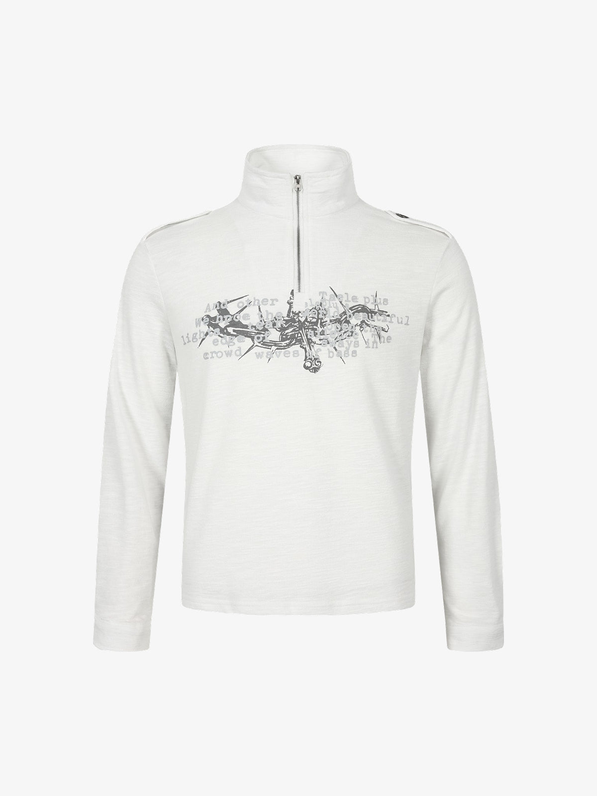 TAELE PLUS | Abstract Logo Half Zip Sweatshirt in White - front view