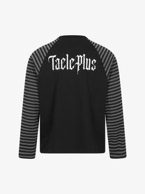 TAELE PLUS | Figure Print Striped Sleeve Sweatshirt in Black - back view