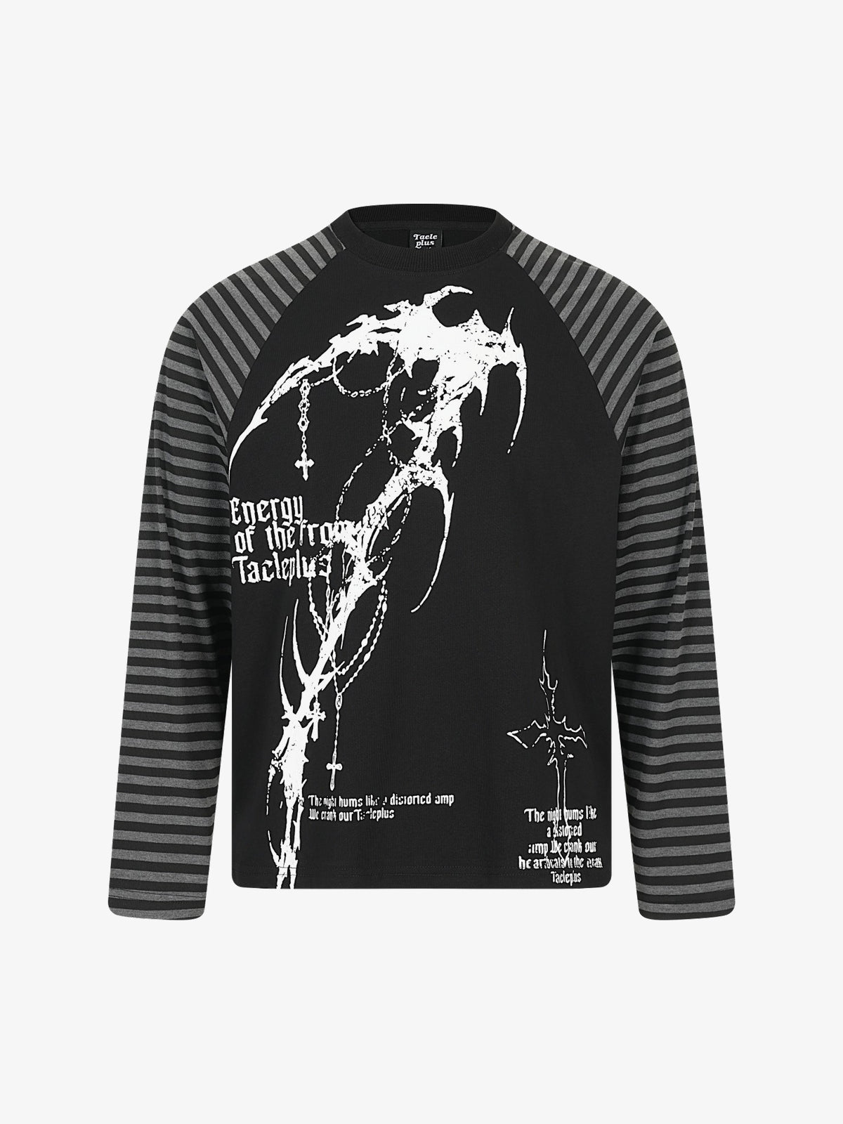 TAELE PLUS | Figure Print Striped Sleeve Sweatshirt in Black - front view