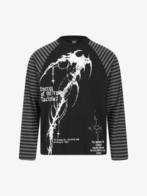 TAELE PLUS | Figure Print Striped Sleeve Sweatshirt in Black - front view