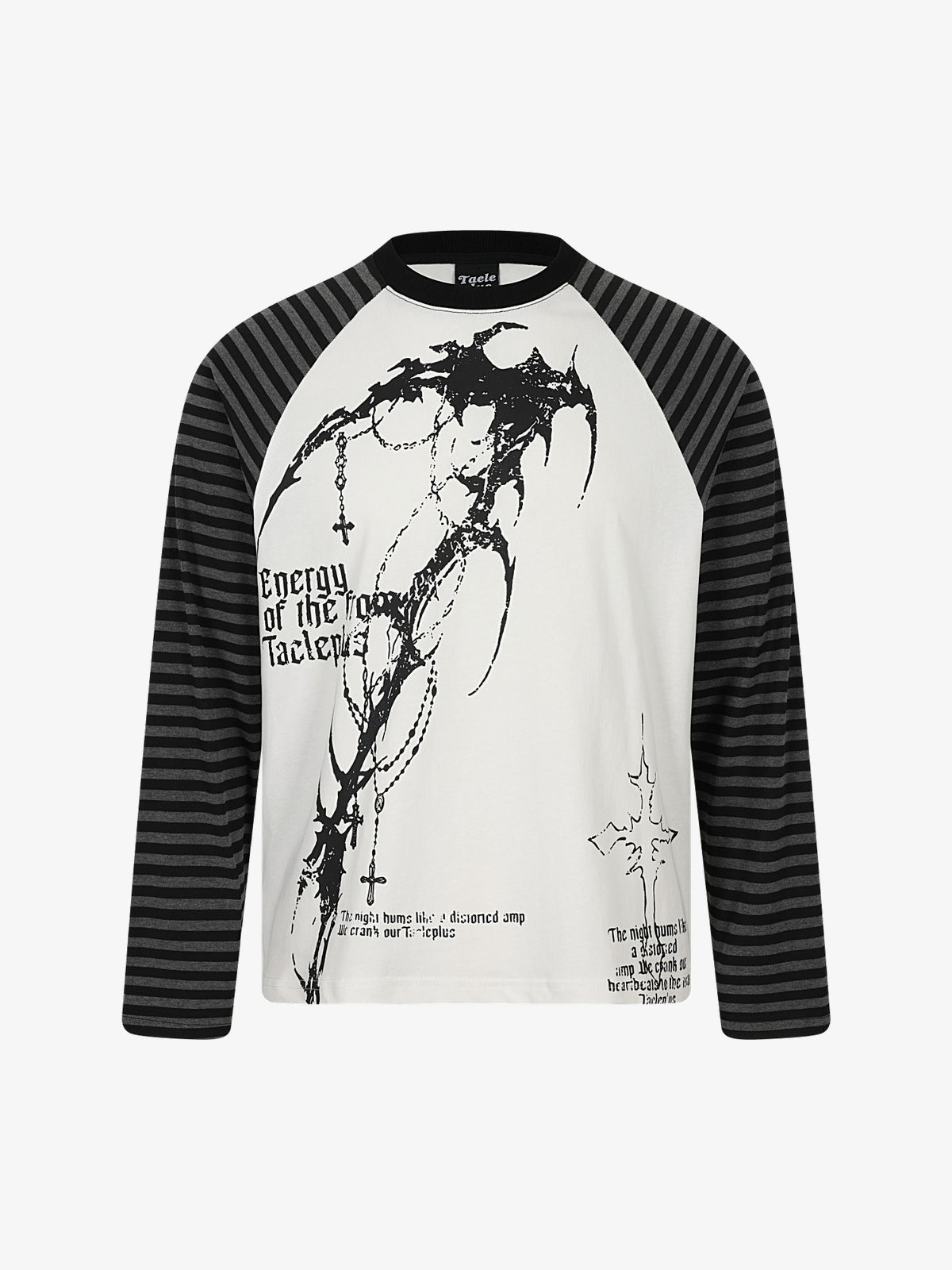 TAELE PLUS | Figure Print Striped Sleeve Sweatshirt in White - front view