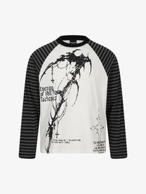 TAELE PLUS | Figure Print Striped Sleeve Sweatshirt in White - front view