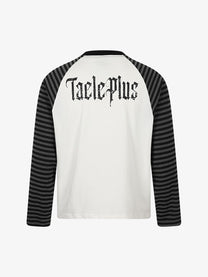 TAELE PLUS | Figure Print Striped Sleeve Sweatshirt in White - back view