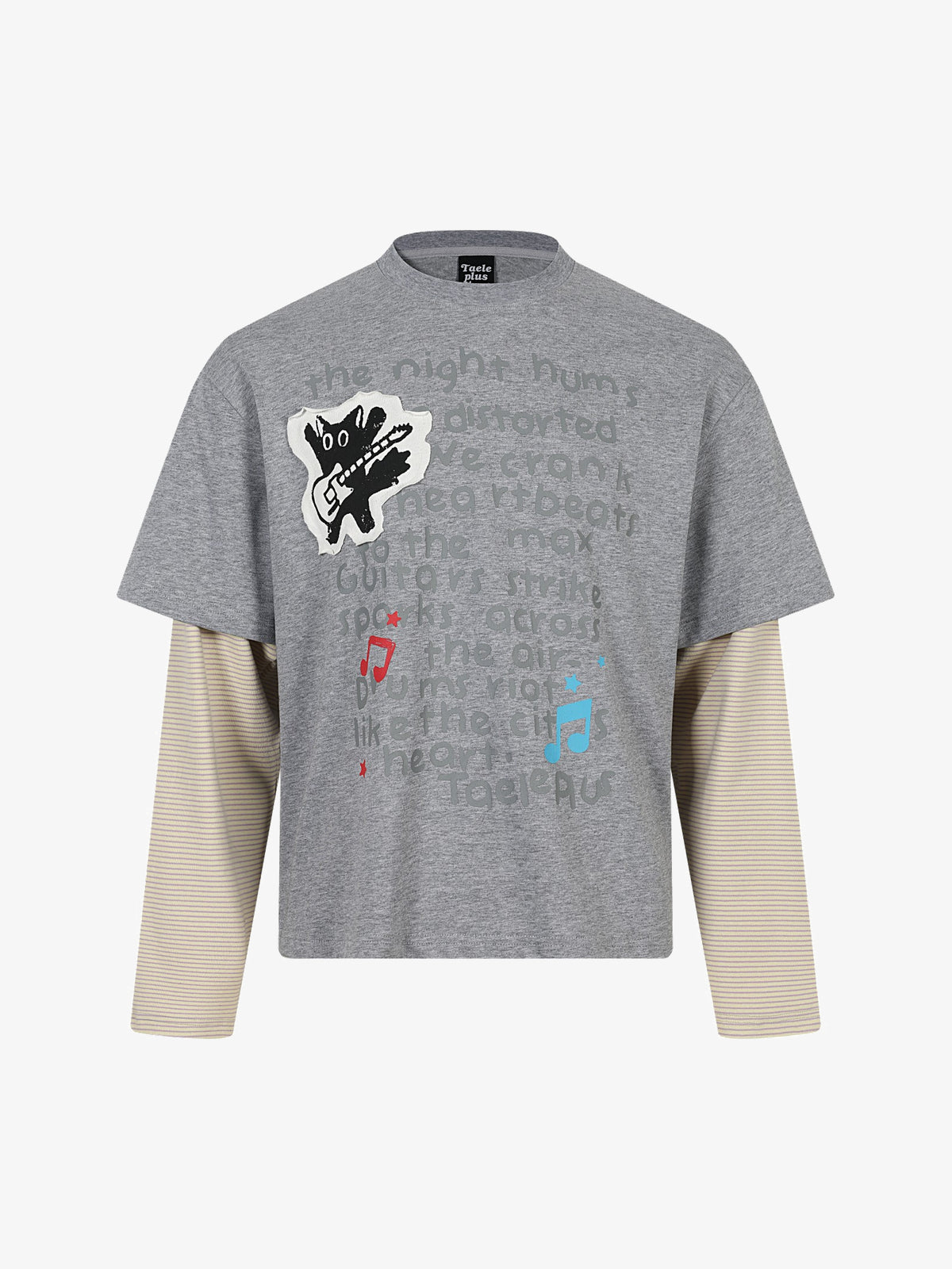 TAELE PLUS | Kitten Patch Layered Sleeve Sweatshirt in Gray - front view