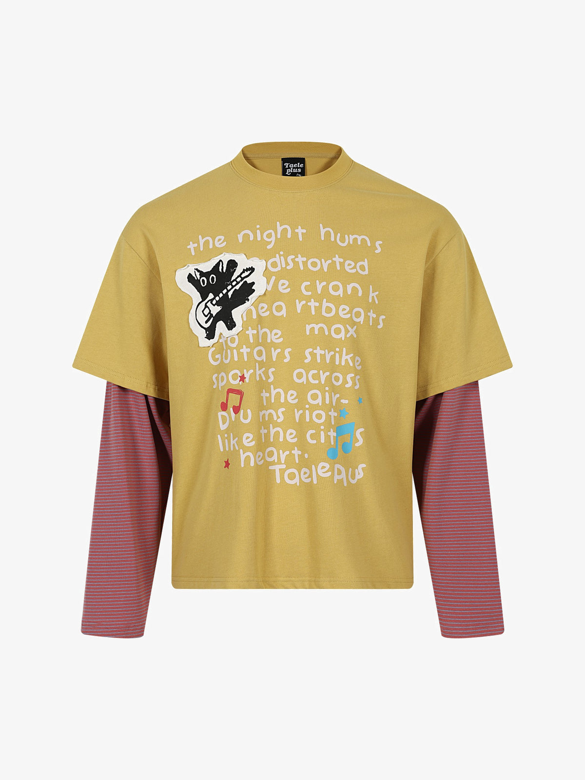TAELE PLUS | Kitten Patch Layered Sleeve Sweatshirt in Mustard - front view