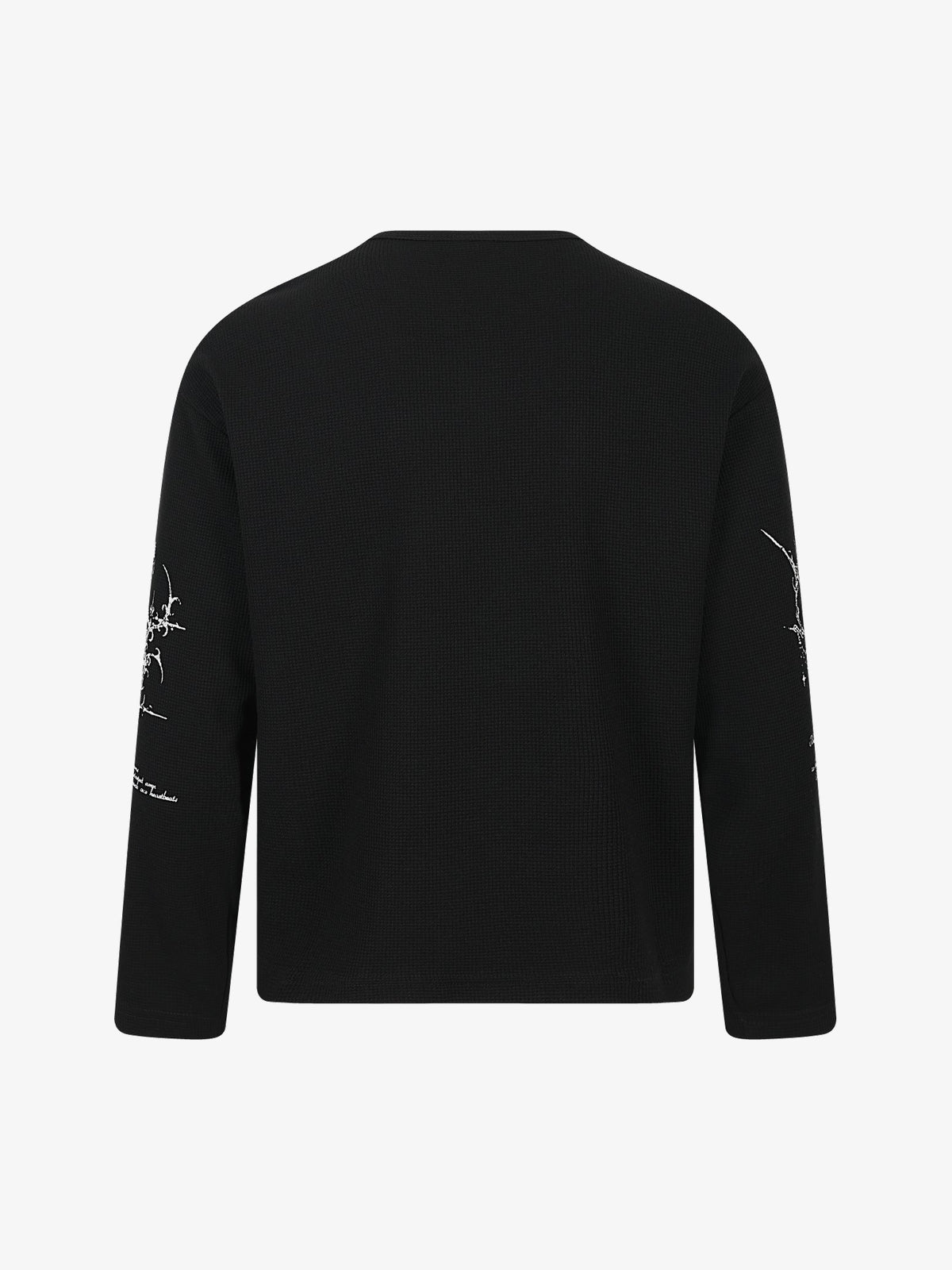 TAELE PLUS | Rune Print Henley Sweatshirt in Black - back view