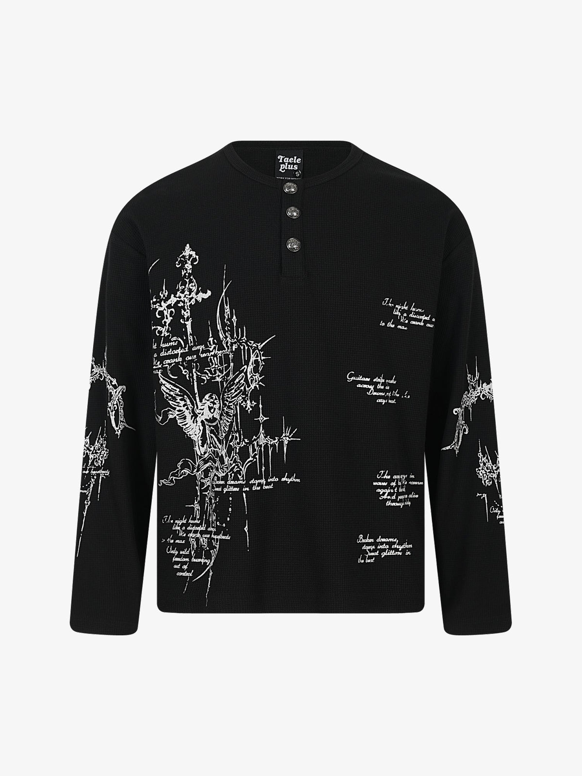 TAELE PLUS | Rune Print Henley Sweatshirt in Black - front view