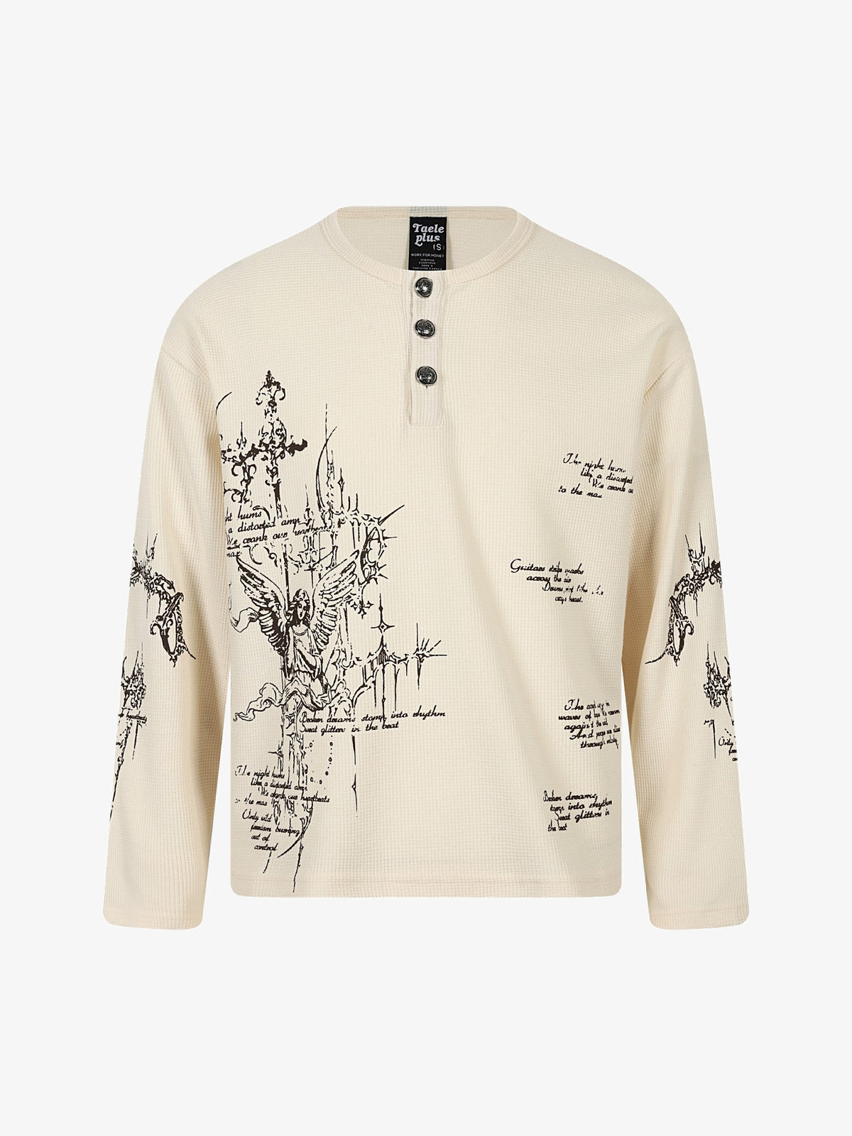 TAELE PLUS | Rune Print Henley Sweatshirt in Cream - front view