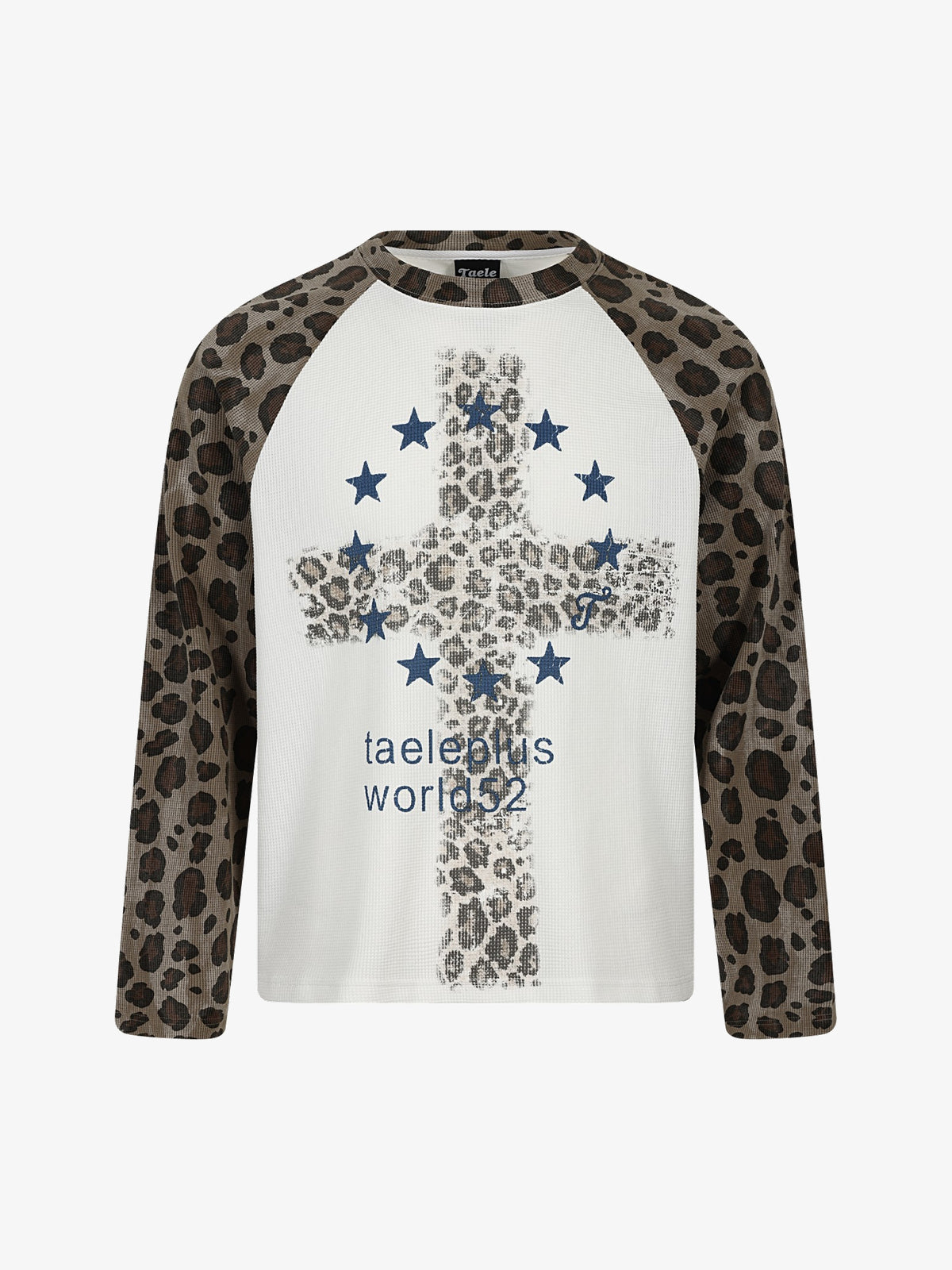 TAELE PLUS | Star Cross Leopard Sleeve Sweatshirt in White - front view