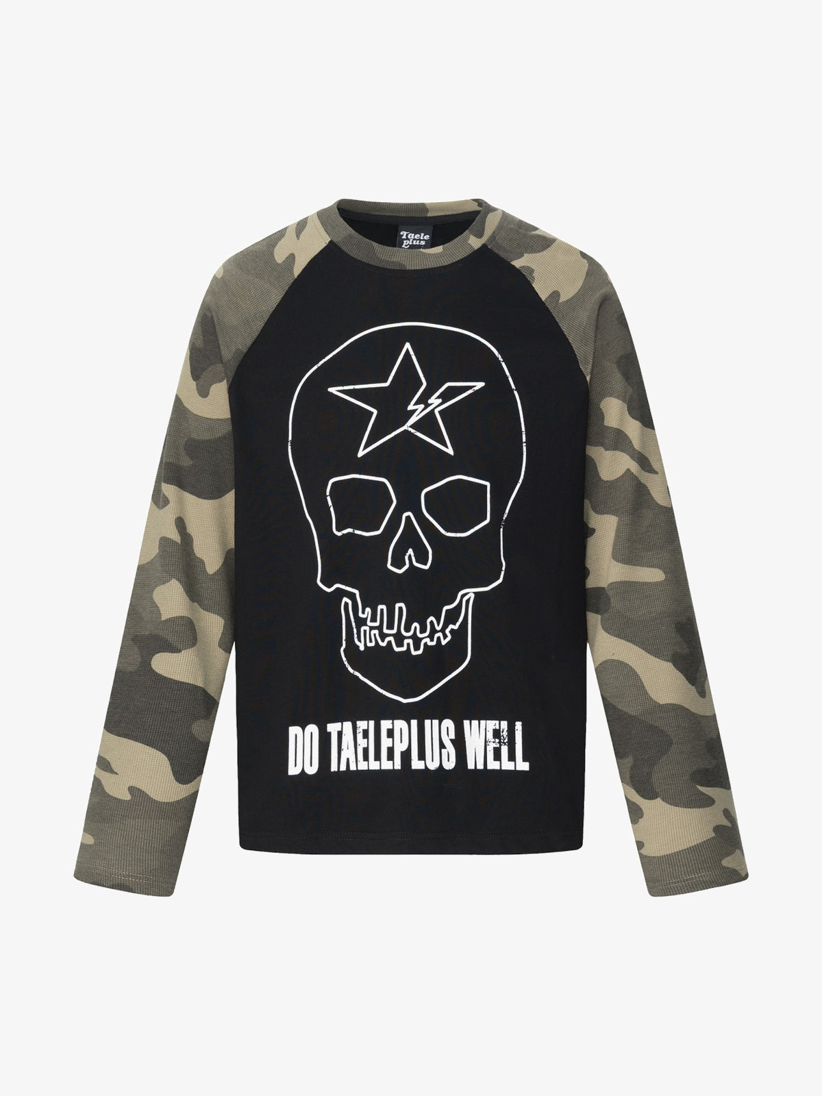 TAELE PLUS | Skull Star Camo Sleeve Sweatshirt in Black - front view