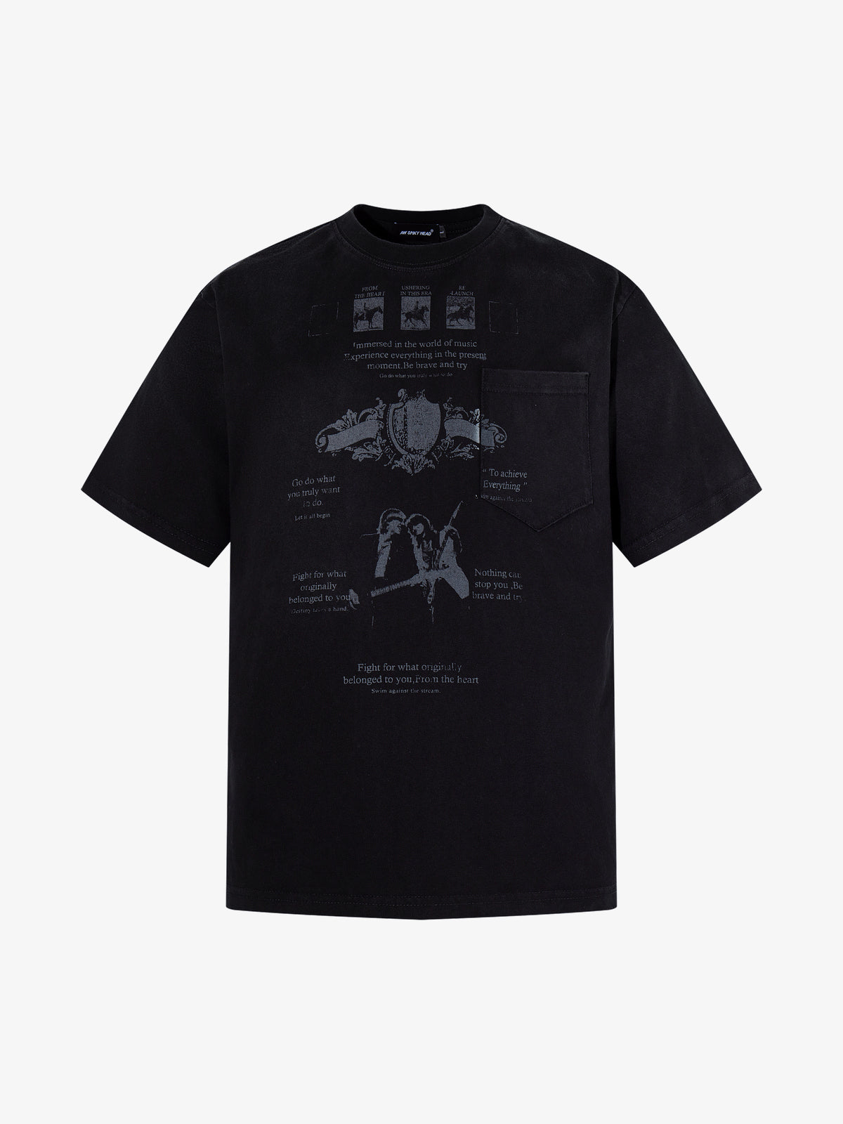 AW SPIKY HEAD | Crest Print Pocket T-Shirt in Black - front view