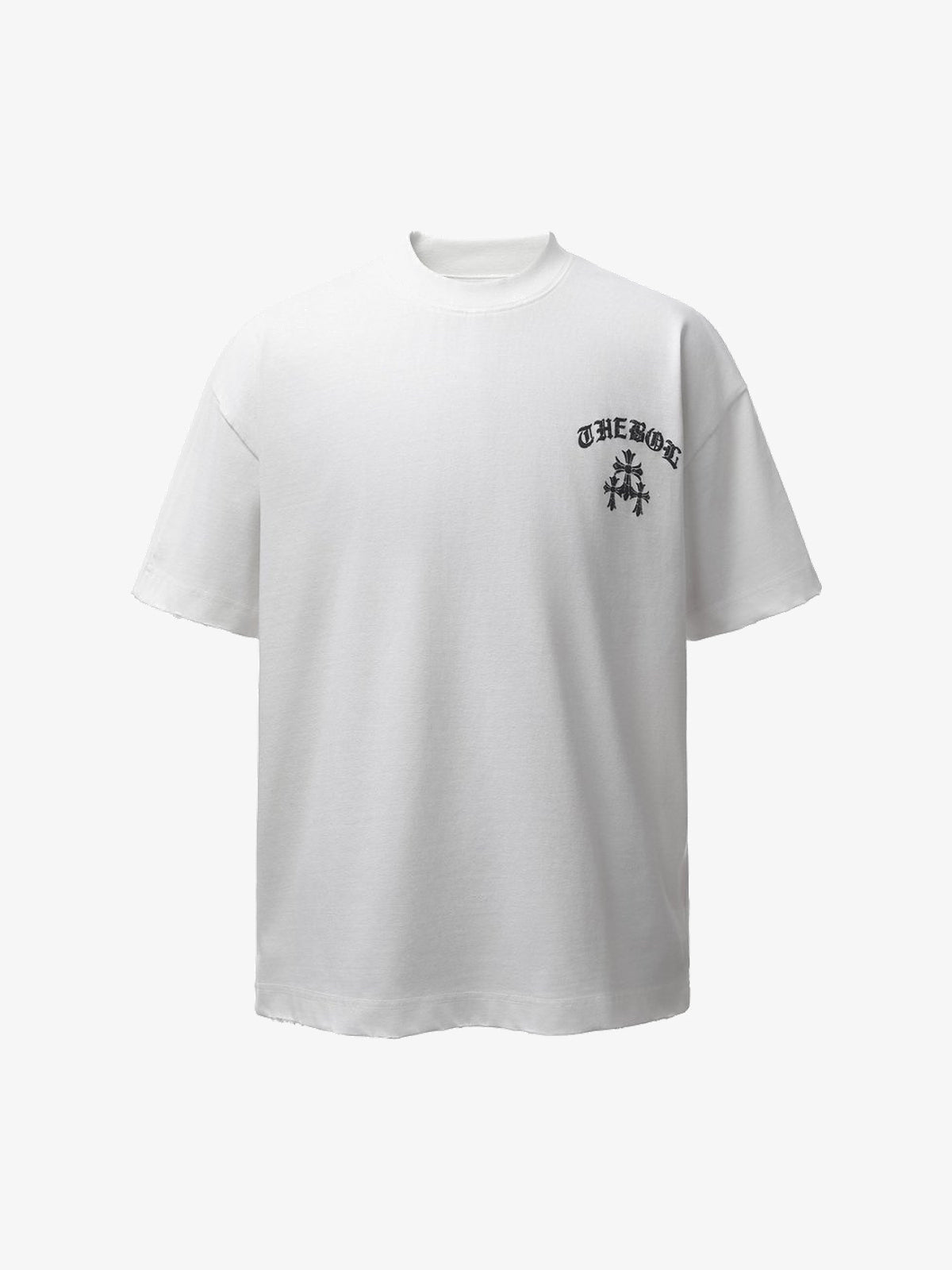 BANG OU LUO | Distressed Gothic Lettering T-Shirt in White - front view