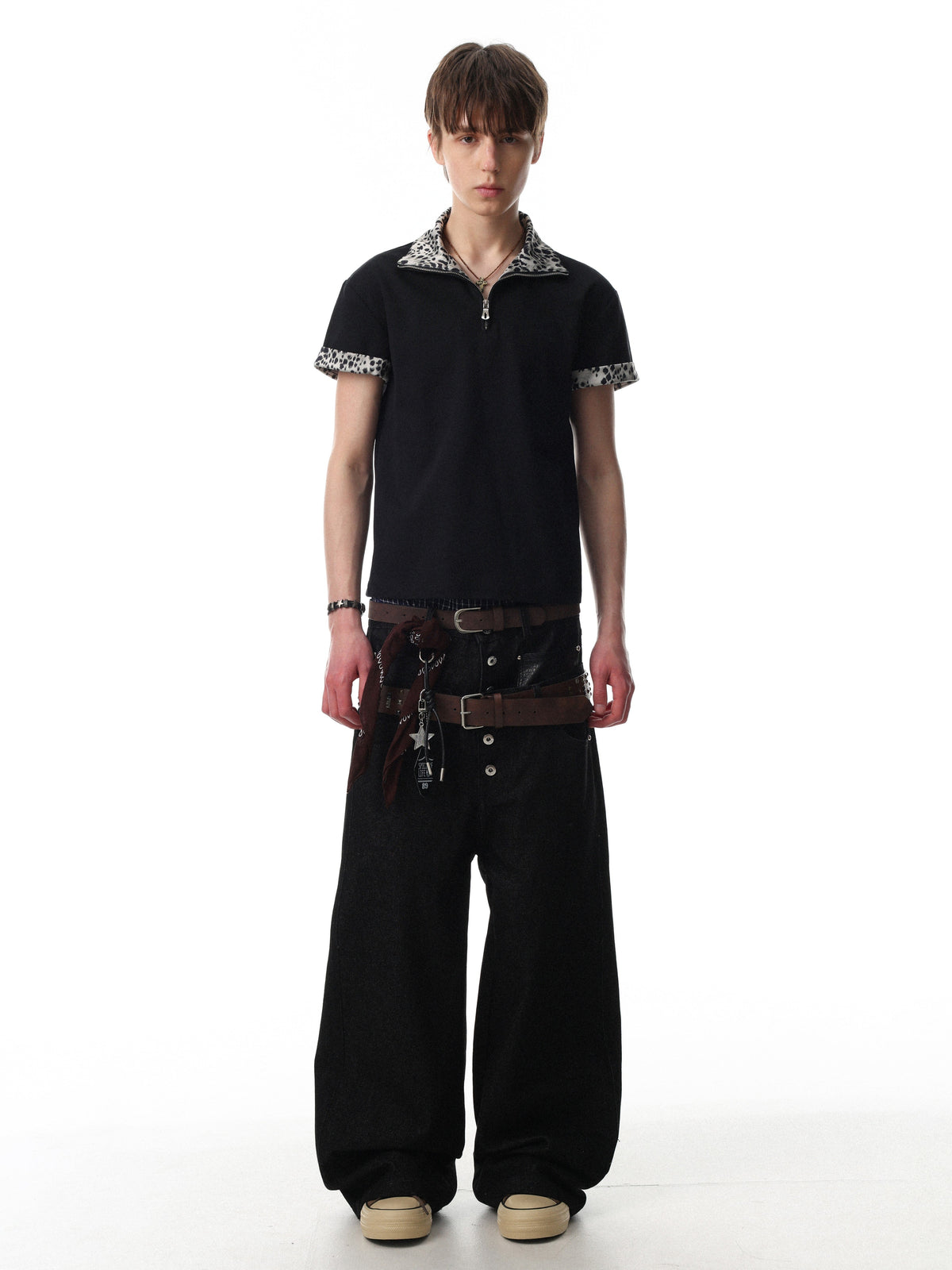 BLACK ENERGY | Leopard-Trim Half-Zip Polo Shirt - product detail