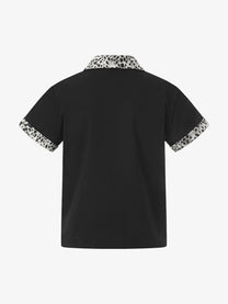 BLACK ENERGY | Leopard-Trim Half-Zip Polo Shirt in Black - back view