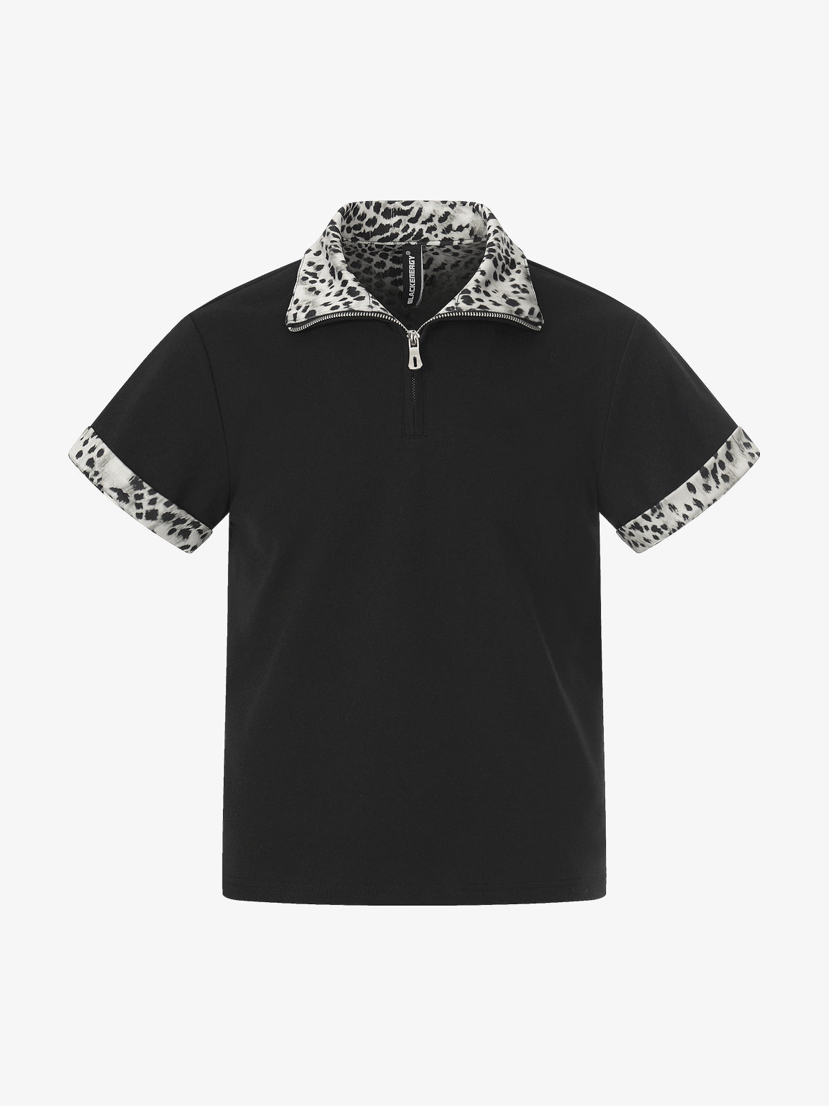 BLACK ENERGY | Leopard-Trim Half-Zip Polo Shirt in Black - front view