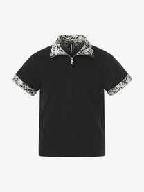BLACK ENERGY | Leopard-Trim Half-Zip Polo Shirt in Black - front view