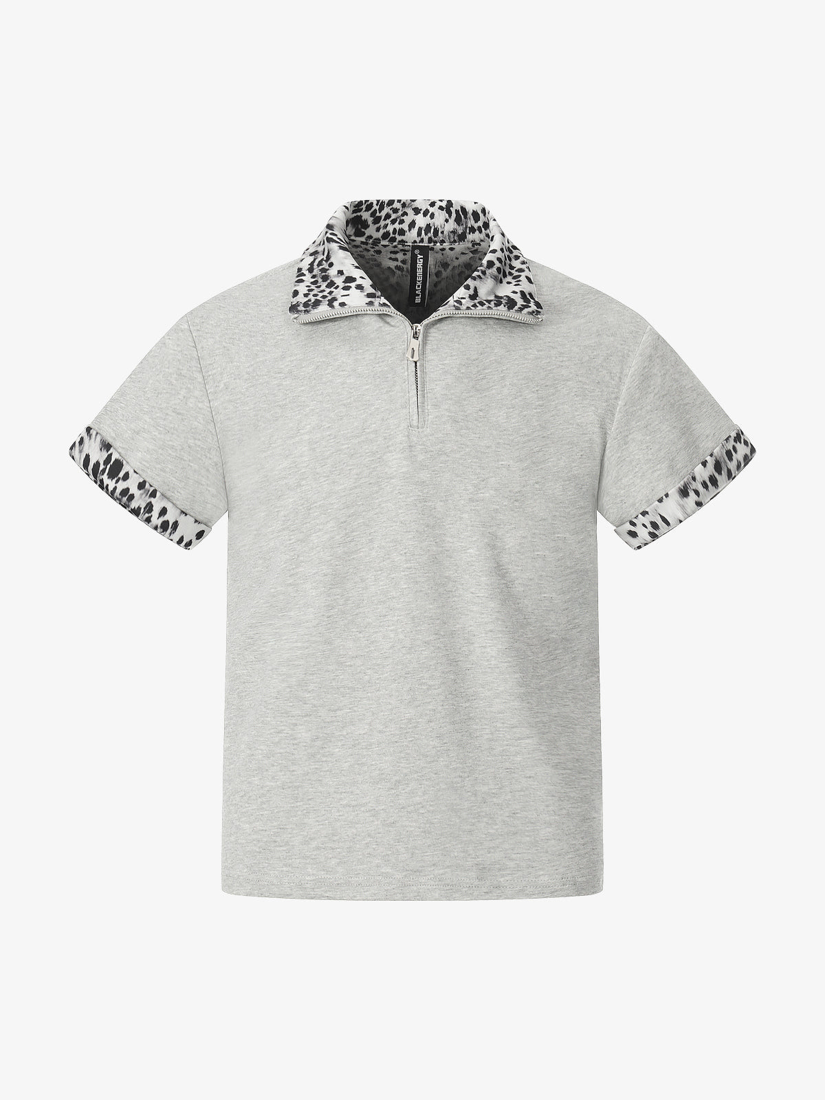 BLACK ENERGY | Leopard-Trim Half-Zip Polo Shirt in Gray - front view