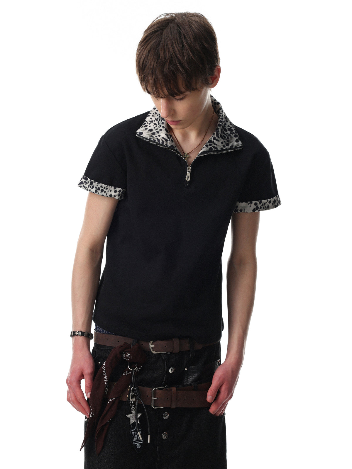 BLACK ENERGY | Leopard-Trim Half-Zip Polo Shirt - product detail