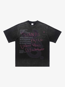 CHEALES | Graffiti Text Washed T-Shirt in Black - front view