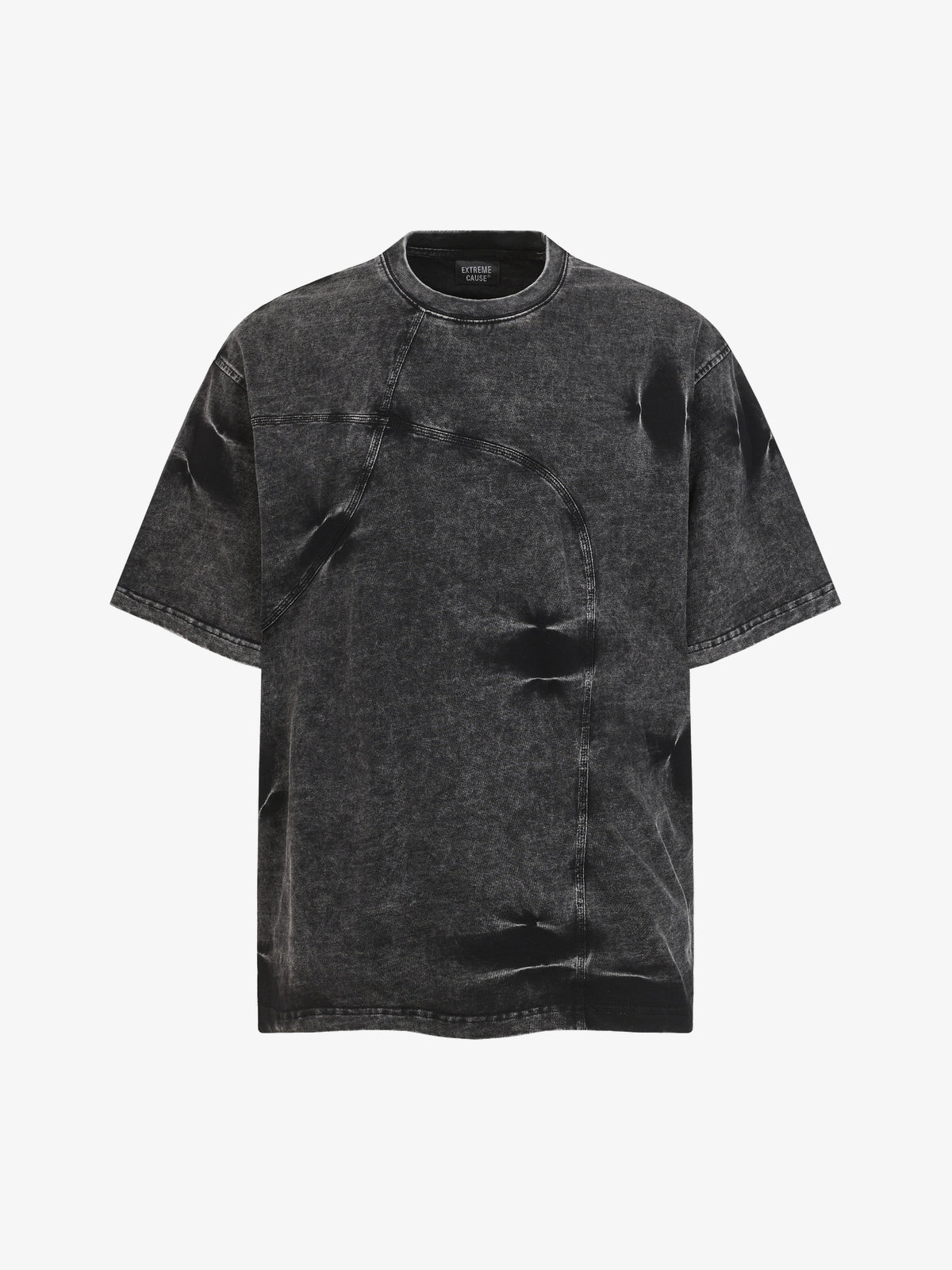 EXTREME CAUSE | Asymmetric Curved-Panel Washed T-Shirt in Black - front view
