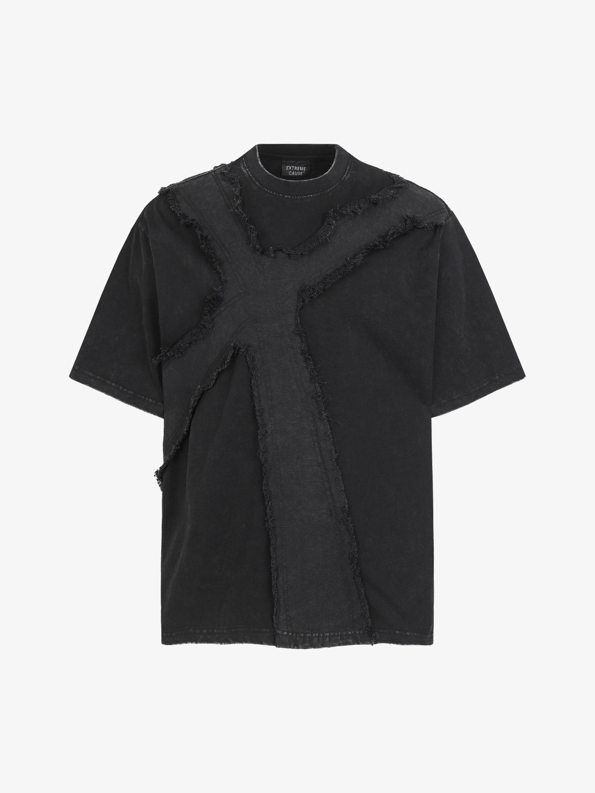 EXTREME CAUSE | Raw-Edge Cross-Appliqué T-Shirt in Black - front view