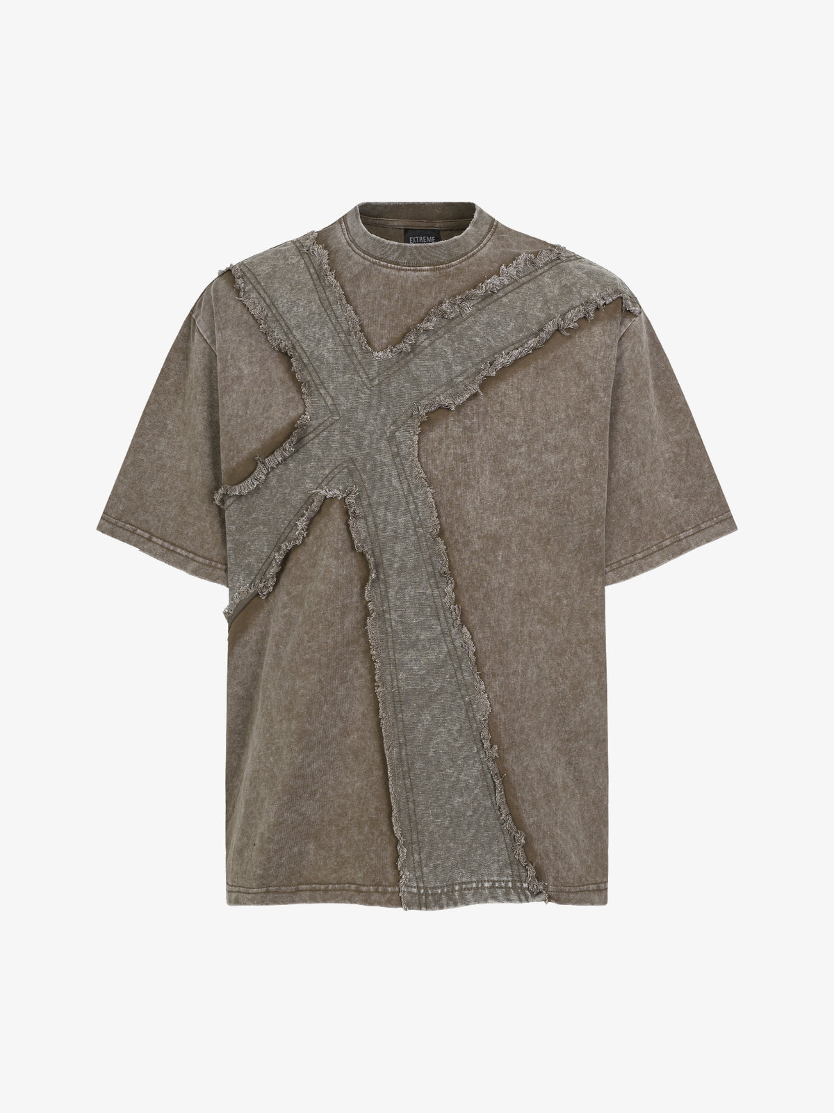 EXTREME CAUSE | Raw-Edge Cross-Appliqué T-Shirt in Taupe - front view