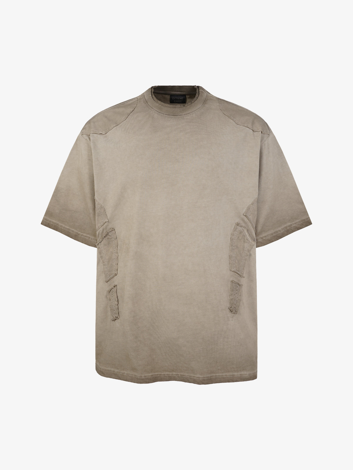 EXTREME CAUSE | Raw-Edge Utility-Panel T-Shirt in Taupe - front view