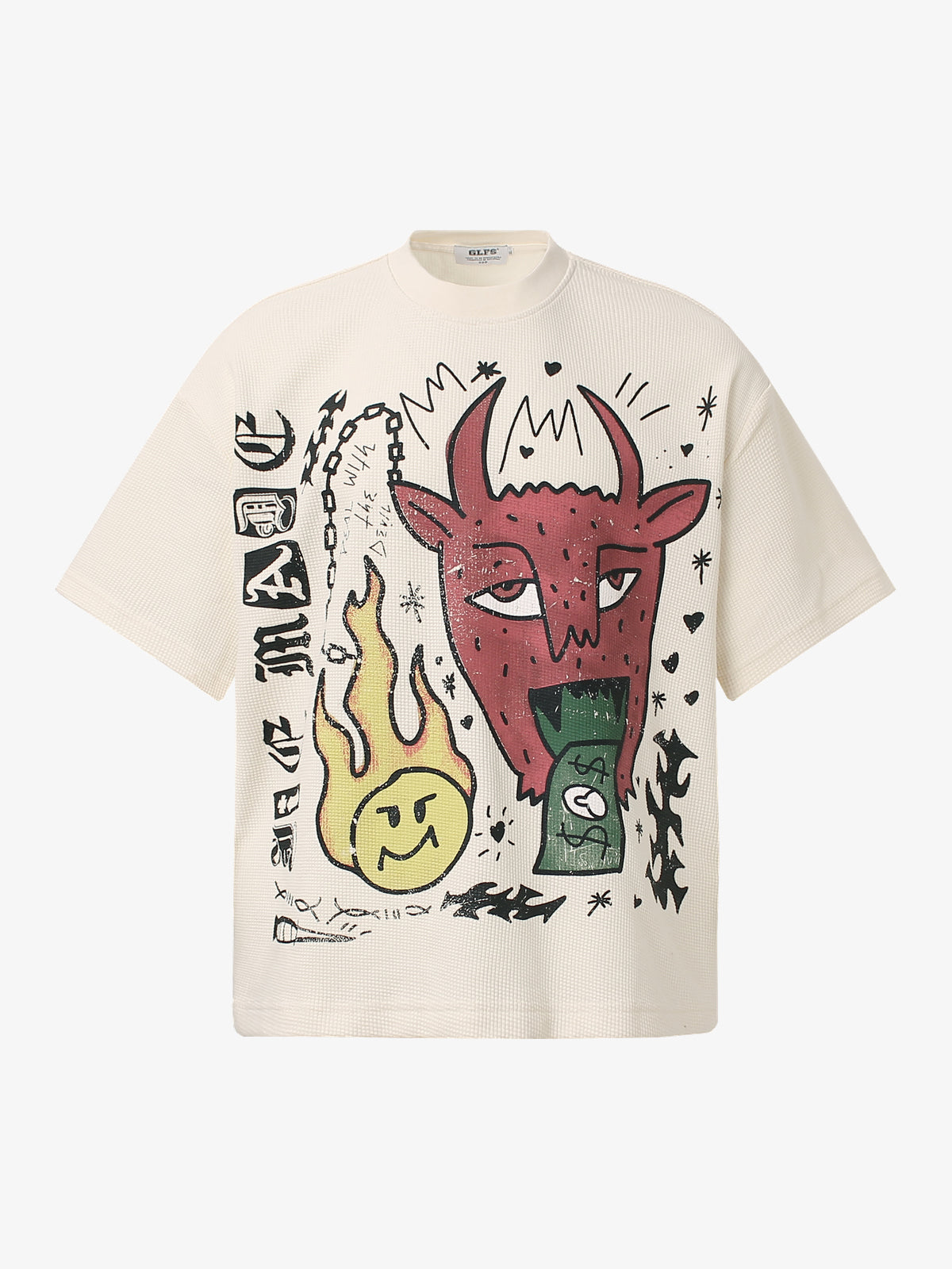 GLFS | Graffiti Devil Graphic Oversized T-Shirt in Beige - front view