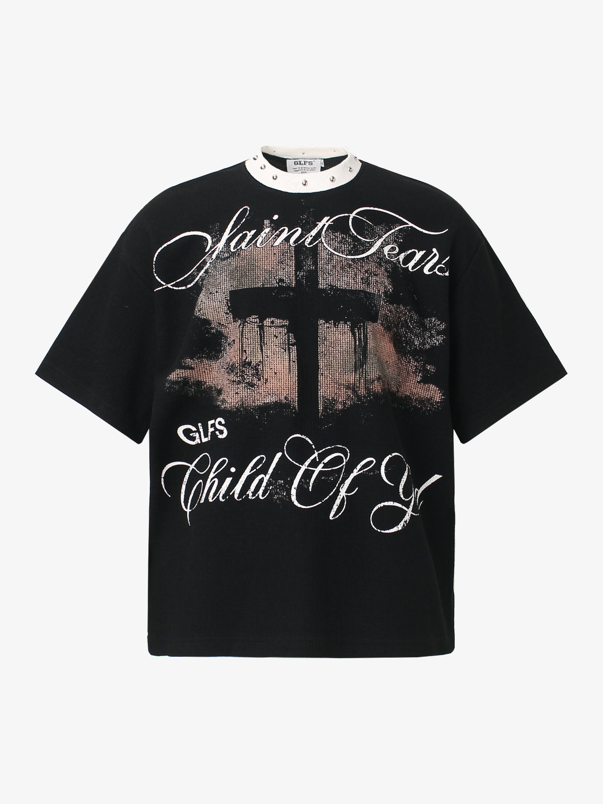 GLFS | Studded Collar Cross Graphic T-Shirt in Black - front view
