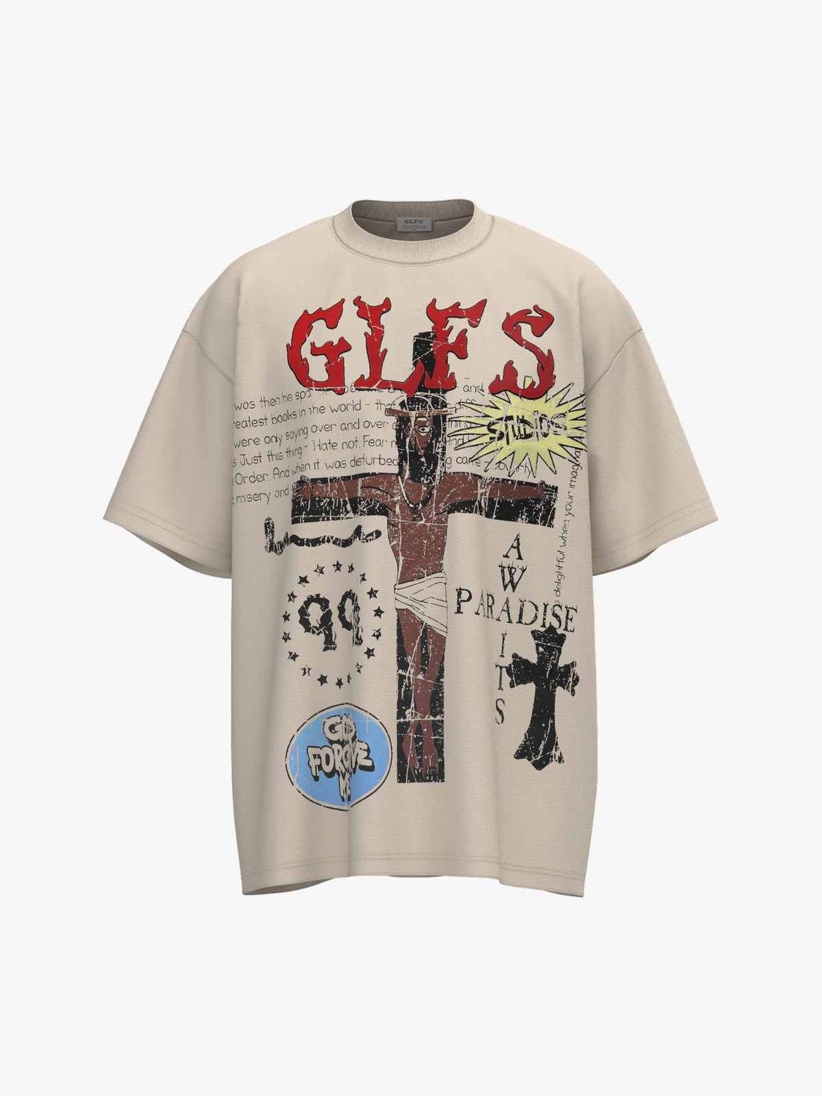 GLFS | Crucifixion Collage T-Shirt in Beige - front view