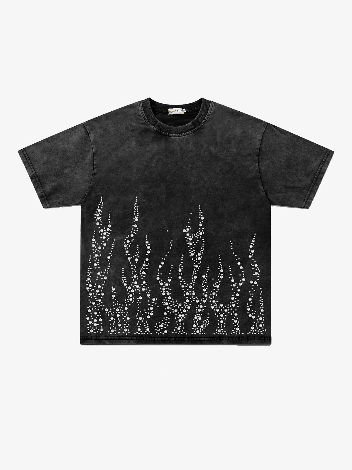 JKPTWSO | Rhinestone Flame T-Shirt in Black - front view