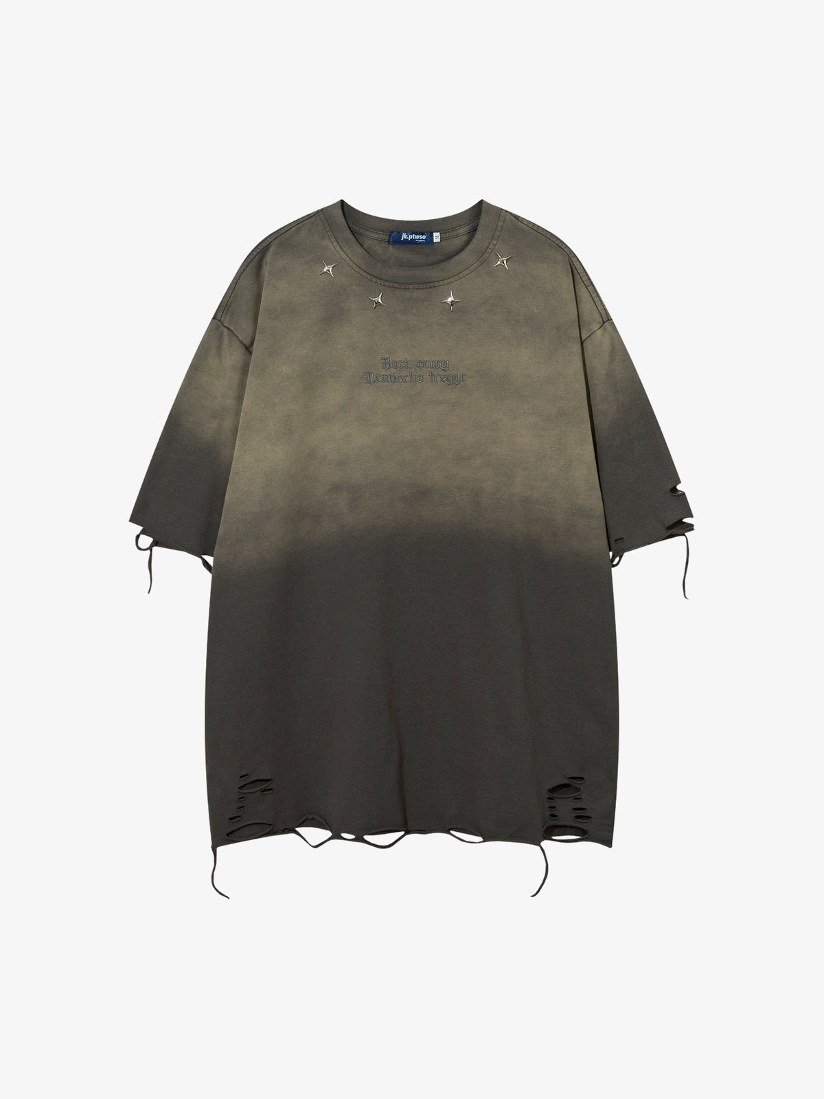 JKPTWSO | Star-Studded Distressed T-Shirt in Gray - front view