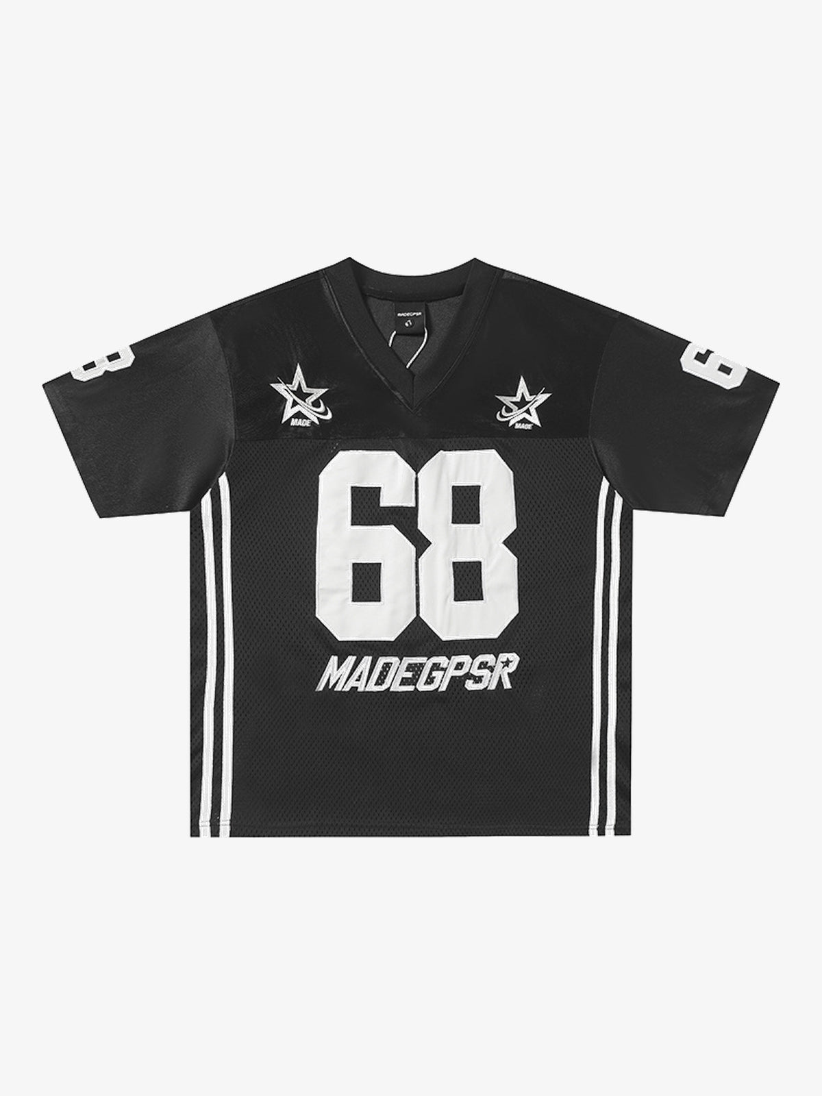 MADEGPSR | Appliqué 68 Mesh V-Neck Jersey in Black - front view