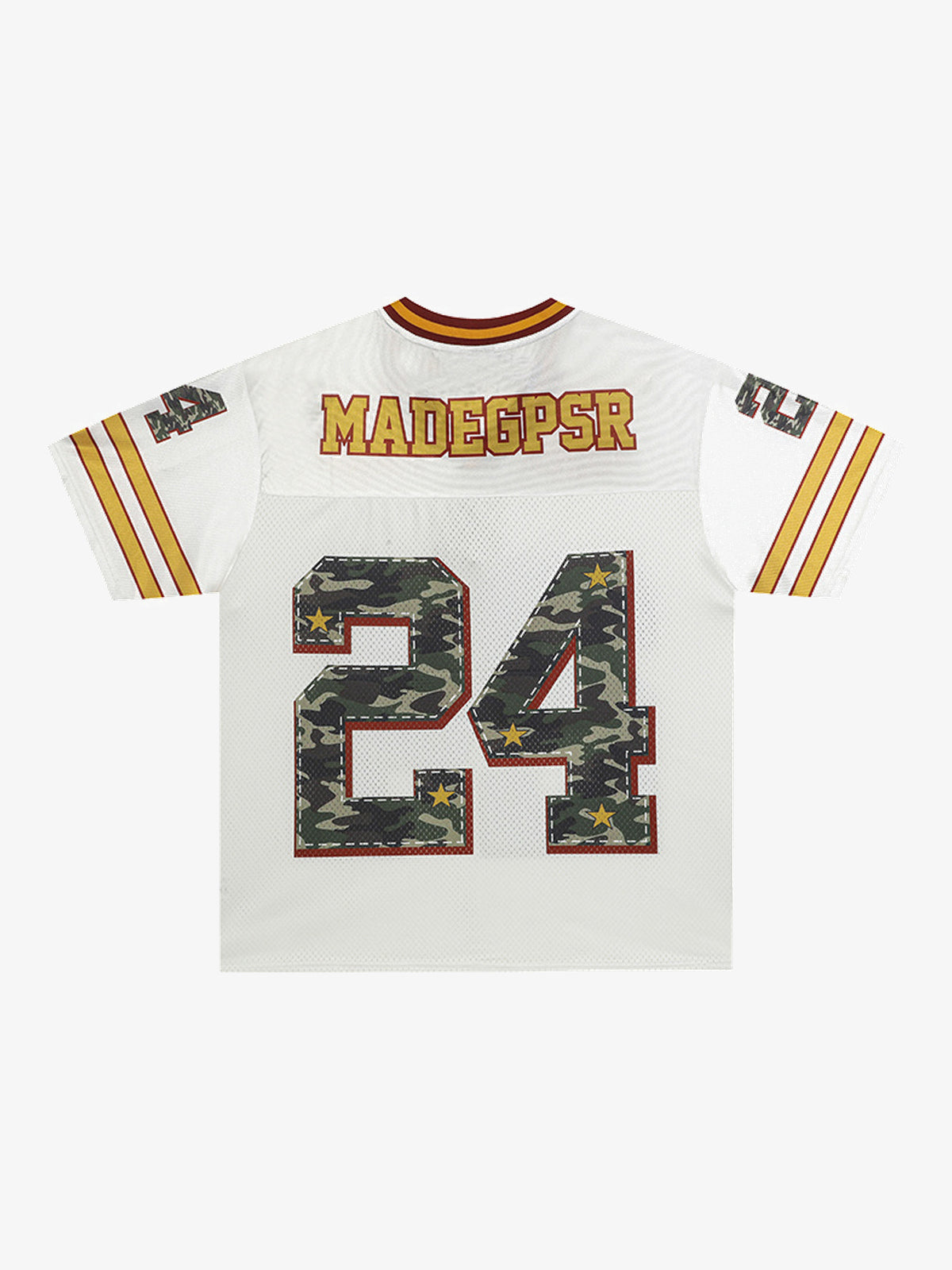 MADEGPSR | Camo 24 Mesh V-Neck Jersey in White - back view