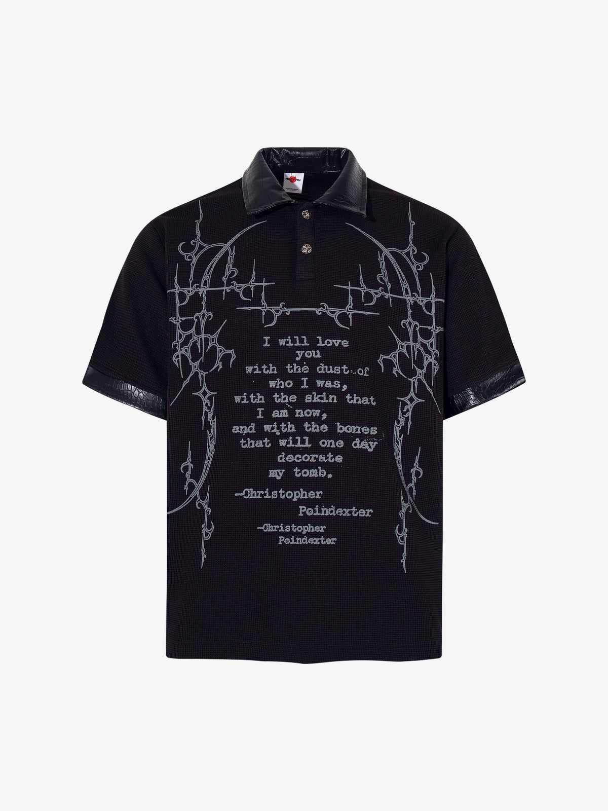 MCCNN | Ornamental Text Contrast-Trim Polo Shirt in Black - front view