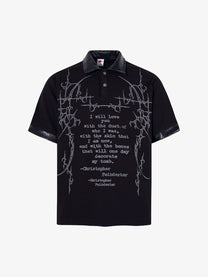 MCCNN | Ornamental Text Contrast-Trim Polo Shirt in Black - front view