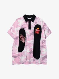 MFOUR | Raw-Edge Camo 39 Polo Shirt in Pink - front view