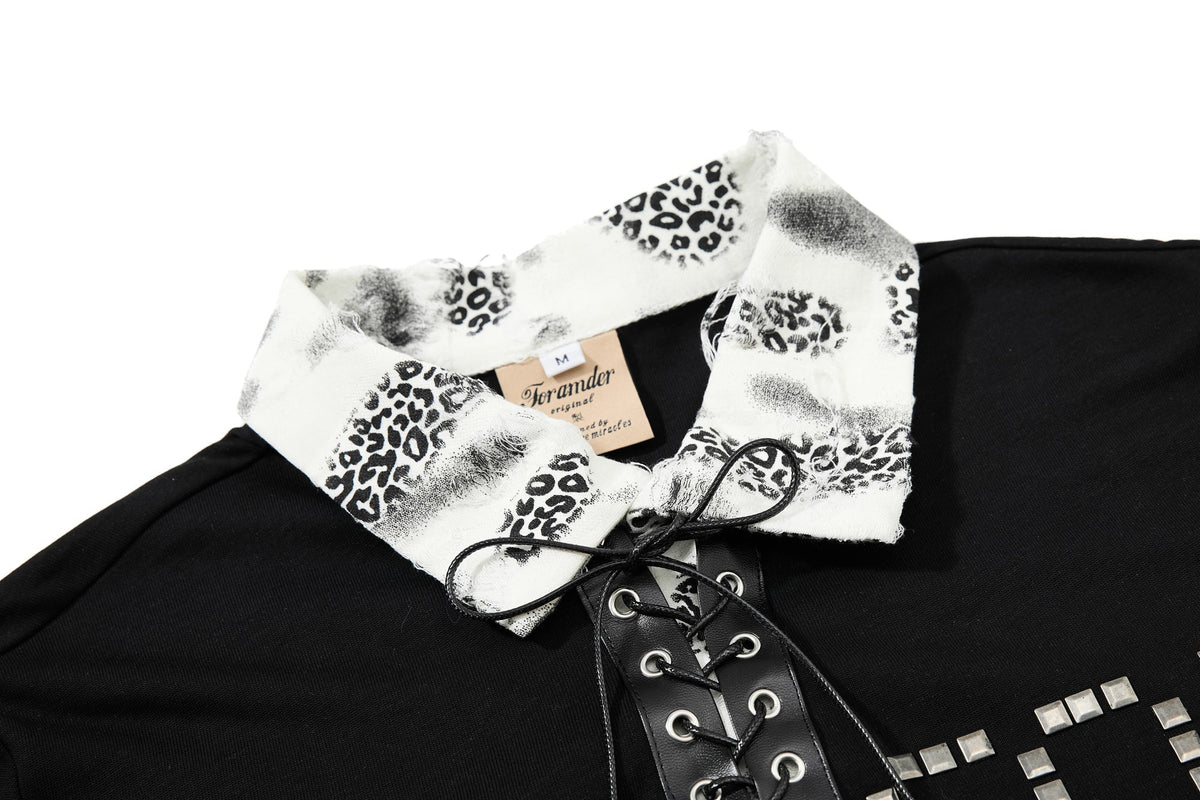 OREETA | Studded Lace-Up Leopard-Trim Polo Shirt - product detail