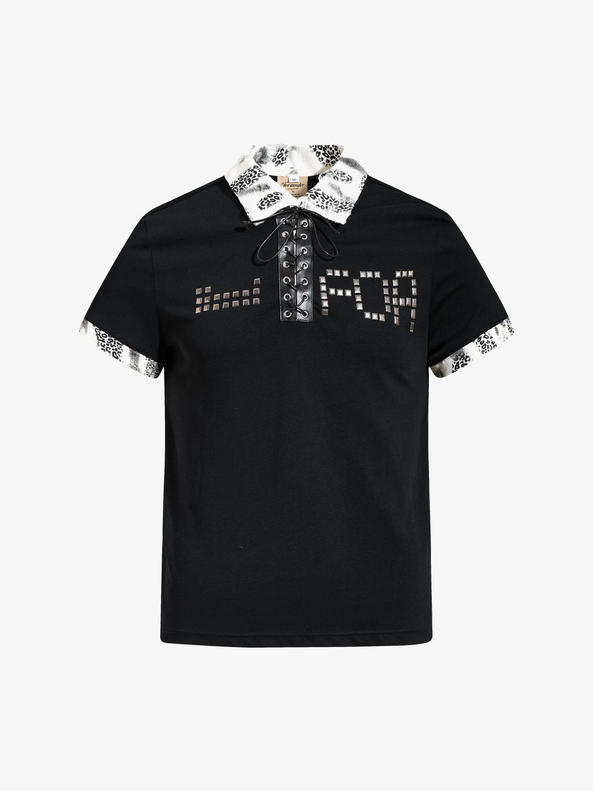OREETA | Studded Lace-Up Leopard-Trim Polo Shirt in Black - front view