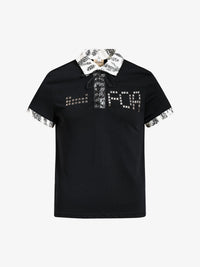OREETA | Studded Lace-Up Leopard-Trim Polo Shirt