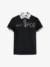 OREETA | Studded Lace-Up Leopard-Trim Polo Shirt in Black - front view