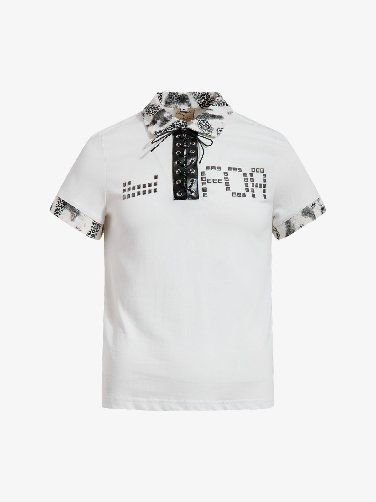 OREETA | Studded Lace-Up Leopard-Trim Polo Shirt in White - front view