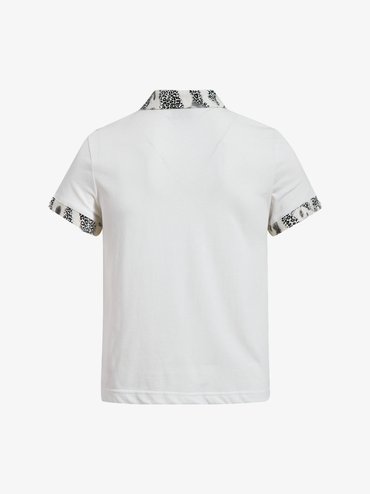 OREETA | Studded Lace-Up Leopard-Trim Polo Shirt in White - back view