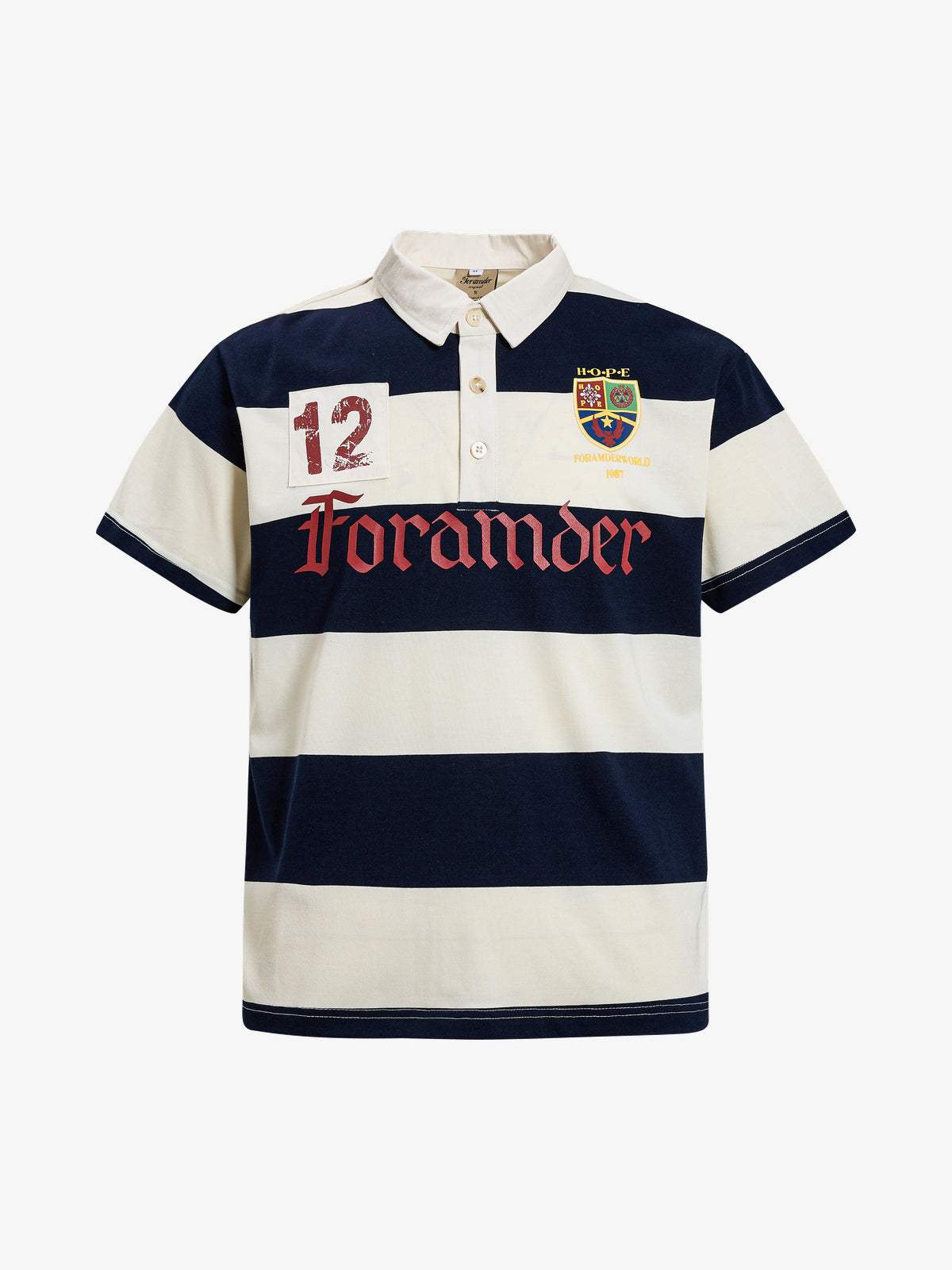 OREETA | 12 Crest Striped Rugby Shirt in Navy - front view